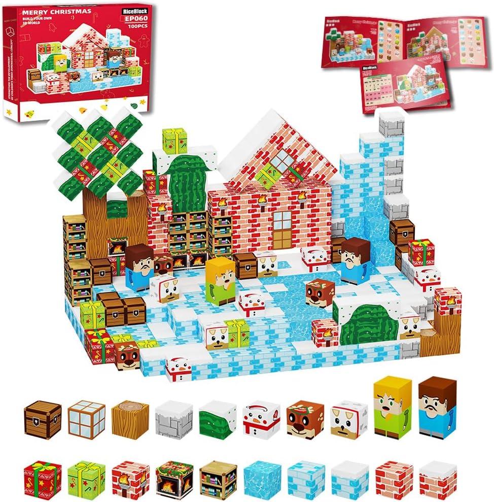 RiceBlock 100PCS Magnetic Blocks Toys for Kids, 7 Days Christma Advent Calendar, Science Learning Toys,Magnetic Cubes Building Blocks Toys for New Year (Pink)