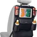 LUCMO Car Backseat Organizer with Touch Screen Tablet Holder,9 Storage Pockets Storage Organizer,Protectors Kick Mats Travel Accessories (Black, 1Pack with Food Tray)