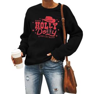 JINTING Christmas Sweatshirt for Women Holly Dolly Christmas Pullover Sweatshirts Xmas Graphic Long Sleeve Tops (Black, XL)