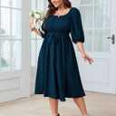 SCOMCHIC Women Plus Size Midi Dresses Puff Short Sleeve Square Neck Wedding Guest Elegant Flowy Belted A Line Dress