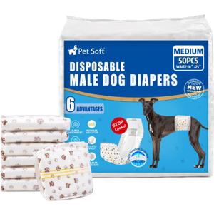 Pet Soft Dog Diapers Male - Disposable Male Dog Wraps Wetness Indicator, Ultra Absorbent Doggie Diapers Comfortable for Incontinence Excitable Urination, 50pcs Medium
