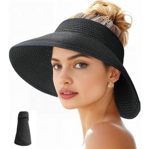 Ducclucc Sun Visor Hats for Women Wide Brim Straw Ponytail Summer Beach Hat UV UPF Packable Foldable Travel (US, Alpha, One Size, Black) at Amazon Womens Clothing store