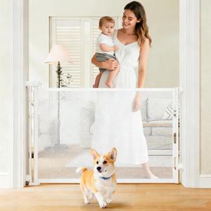 Puppalace Retractable Baby Gate, 55 in Wide x 33 in Tall Mesh Dog Gate, Hardware Mounted Safety Gate with Double Lock for Doorways, Hallways, Indoor Outdoor, White