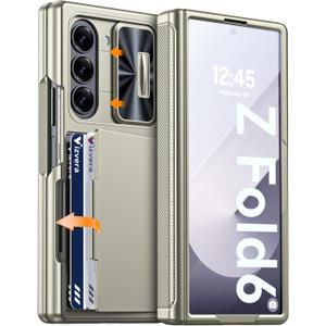 Vizvera for Samsung Galaxy Z Fold 6 Case RFID Wallet with Cards Holder [Hinge Cover] [Camera Cover] Shockproof Silicone Protective Phone Case for Z Fold 6 2024-Natural Titanium