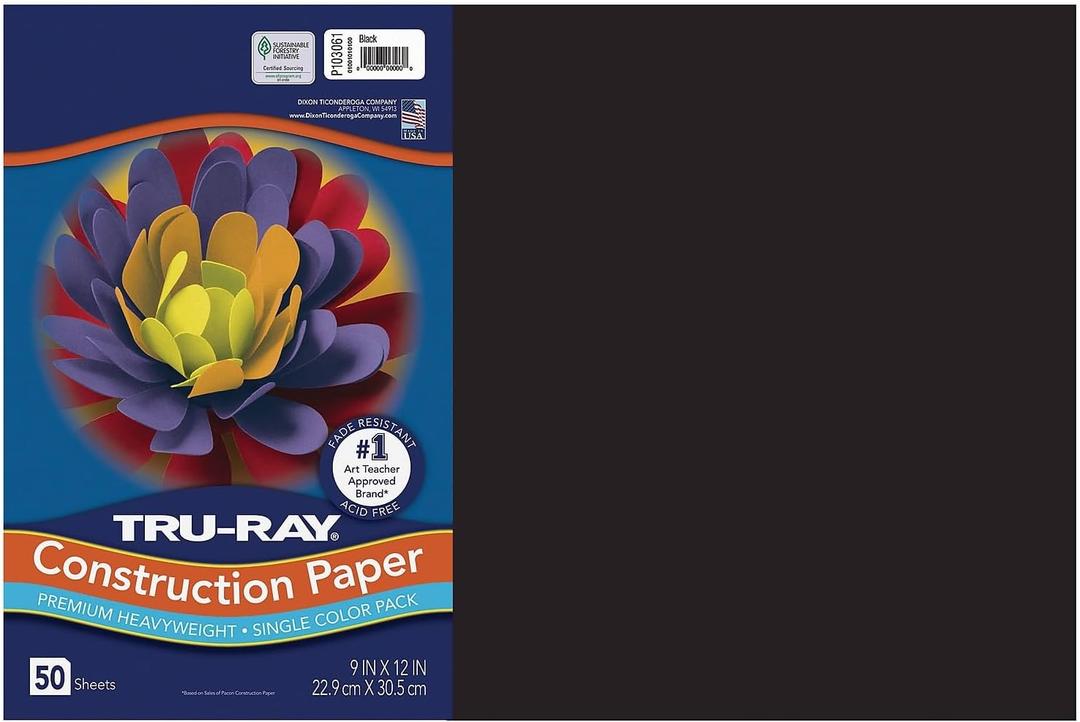 Pacon Tru-Ray 12-inch x 18-inch Construction Paper, Black, 50 Sheets (P103061)