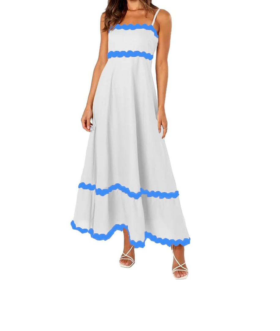 Women Rickrack Trim Flowy Spaghetti Strap Maxi Dress Sleeveless Tiered Flared Long Dress 2024 Summer, Small