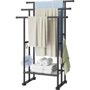 ELYKEN 3 Tier Standing Towel Rack, 40'' Tall Towel Drying Rack Outdoor, Freestanding Floor Towel Rack with Shelf, Pool Towel Blanket Stand, Metal Towel Racks for Bathroom freestanding, Matte Black
