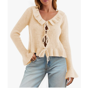 Saodimallsu Womens Tie Front Bow Cardigan Sweaters Cute Ruffle Long Sleeve Knit V Neck Fall Cropped Sweater Tops