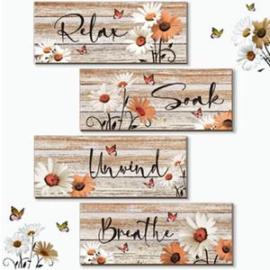 4 Pcs Farmhouse Orange Bathroom Wall Decor Orange Daisy Floral Flowers and Butterfly Wall Art Relax Soak Unwind Breathe Rustic Wood Plaque for Kitchen Home Bedroom(10 x 4 Inch)