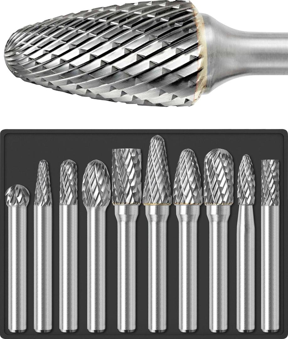 10 Pcs 1/4 Carbide Burr Set 1/4 Shank Die Grinder Bits Drill Bits Grinding Bits for Metal Rotary Tool Attachment Accessories Rasp Weld Wood Stone Deburring Compatible with Milwaukee Dewalt