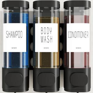 VITVITI Shampoo and Conditioner Dispenser for Shower Wall, Shower Soap Dispenser 3 Chamber No Drill Wall Mounted, 10.2 OZ Plastic Refillable Body Wash Bottles for Bathroom (Black)