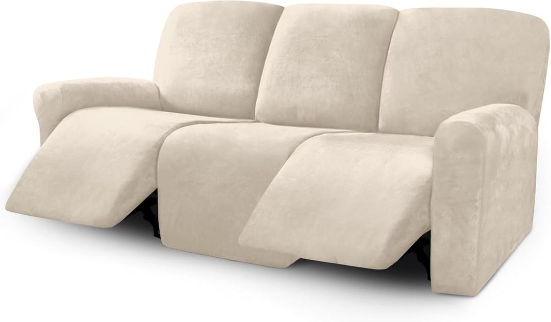 ULTICOR Velvet 8-Pieces Recliner Sofa Covers Stretch Reclining Couch Covers for 3 Cushion Reclining Sofa Slipcovers Furniture Covers Thick Soft Washable (3 Seater Recliner Cover, White) (Ivory)