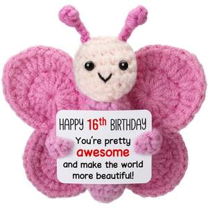 2 PCs Weming Sweet 16 Gifts for Girls, Mini Crochet Pink Butterfly Plush for 16th Birthday Teen, Happy 16 Year Old Girl Birthday Gift Ideas, Sixteen YO Decorations