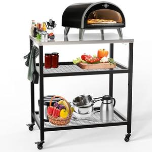 Outdoor Pizza Oven Stand Grill Cart Table Pizza Oven Trolley Stand Stainless Steel Table on Wheels Dining Food Prep Table BBQ Grill Stand for Kitchen Patio Backyard Garden 80x60x90cm