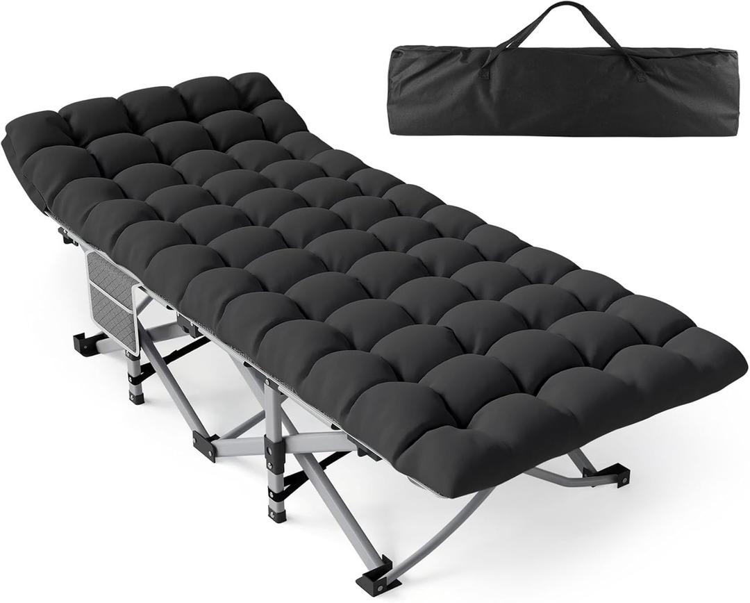ZENPETIO Camping Cot for Adults, Heavy-Duty Portable Cot Bed with Mattress, Foldable Padded Sleeping Cots for Camping Travel Tent Day Bed Outdoor & Home Guest, Max Load 500 LBS, 75x28x15 (Gray Frame + Onyx Cushion)