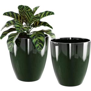 QCQHDU Plant Pots Set of 2 Pack,10 Inch Plant Pot for Indoor and Outdoor Plants with Drainage Hole,Flower Pots Modern Decorative Planter for Garden Plants (Green)