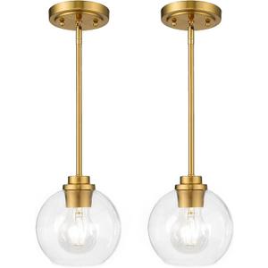 Globe Glass Pendant Lights Kitchen Island, Farmhouse Gold Pendant Lights with Clear Glass Shade, Adjustable Hanging Light Fixture for Dining Room, Entryway, Bedroom 2 Pack