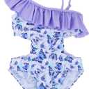 LIZENS Girls' Swimwear Cut Out Trim Ruffle One Piece Beach Bathing Suit for Girls Floral Toddler Kids Swimsuit (5-6 Years, Butterfly)