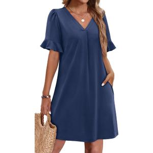 OFEEFAN Summer Dresses for Women Ruffle Short Sleeve V Neck Casual Shift Dress with Pockets, XL