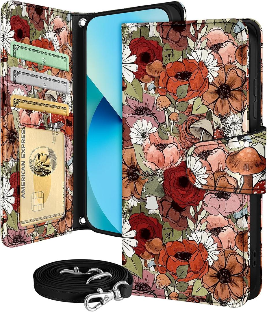 Buleens for Samsung Galaxy S23 Plus Wallet Case for Women - with Card Holder S23 Plus Flip Case Leather Crossbody Cute Aesthetic Galaxy S23+ Case with Strap Kickstand for Girls Girly, Flower Mogu