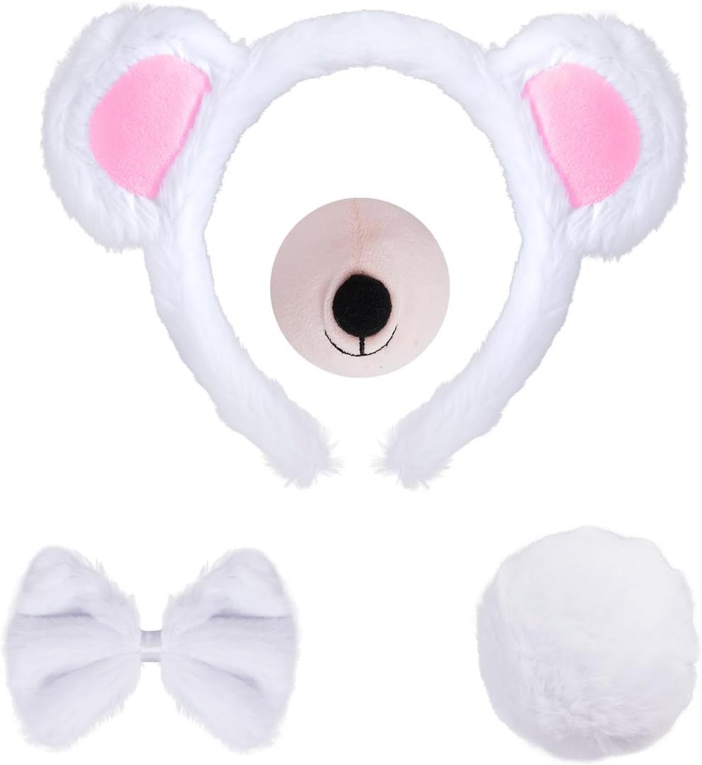 4 Pieces Bear Costume Set Bear Ears Headband and Tail Nose Bowtie for Halloween Carnival Animal Cosplay Party (White)