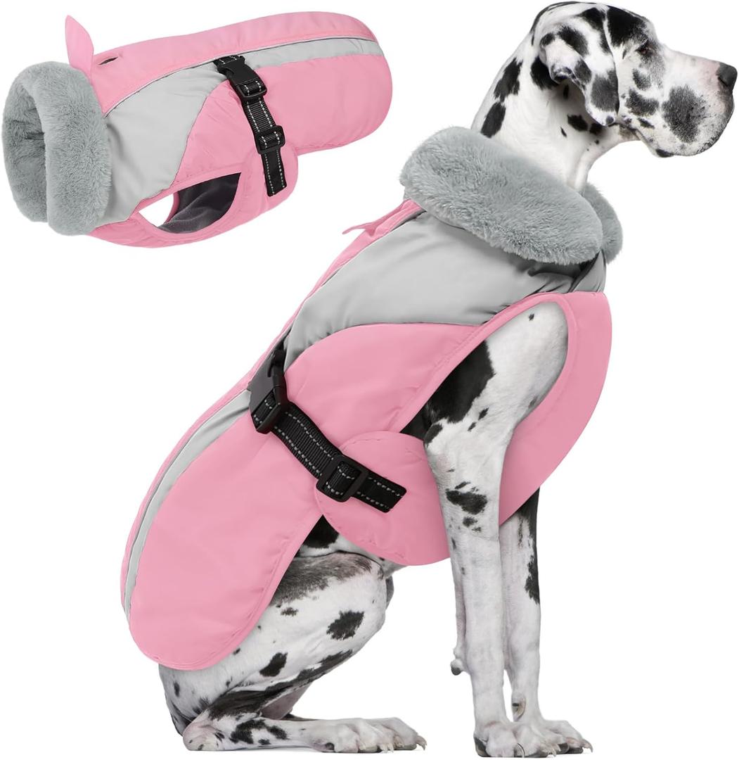 Queenmore XXXL Winter Dog Coat, Warm Puffer Jacket for Extra Large Dogs, Waterproof Fleece Snow Parka Jacket for German Shepherd, Great Dane, Doberman Pink/Grey