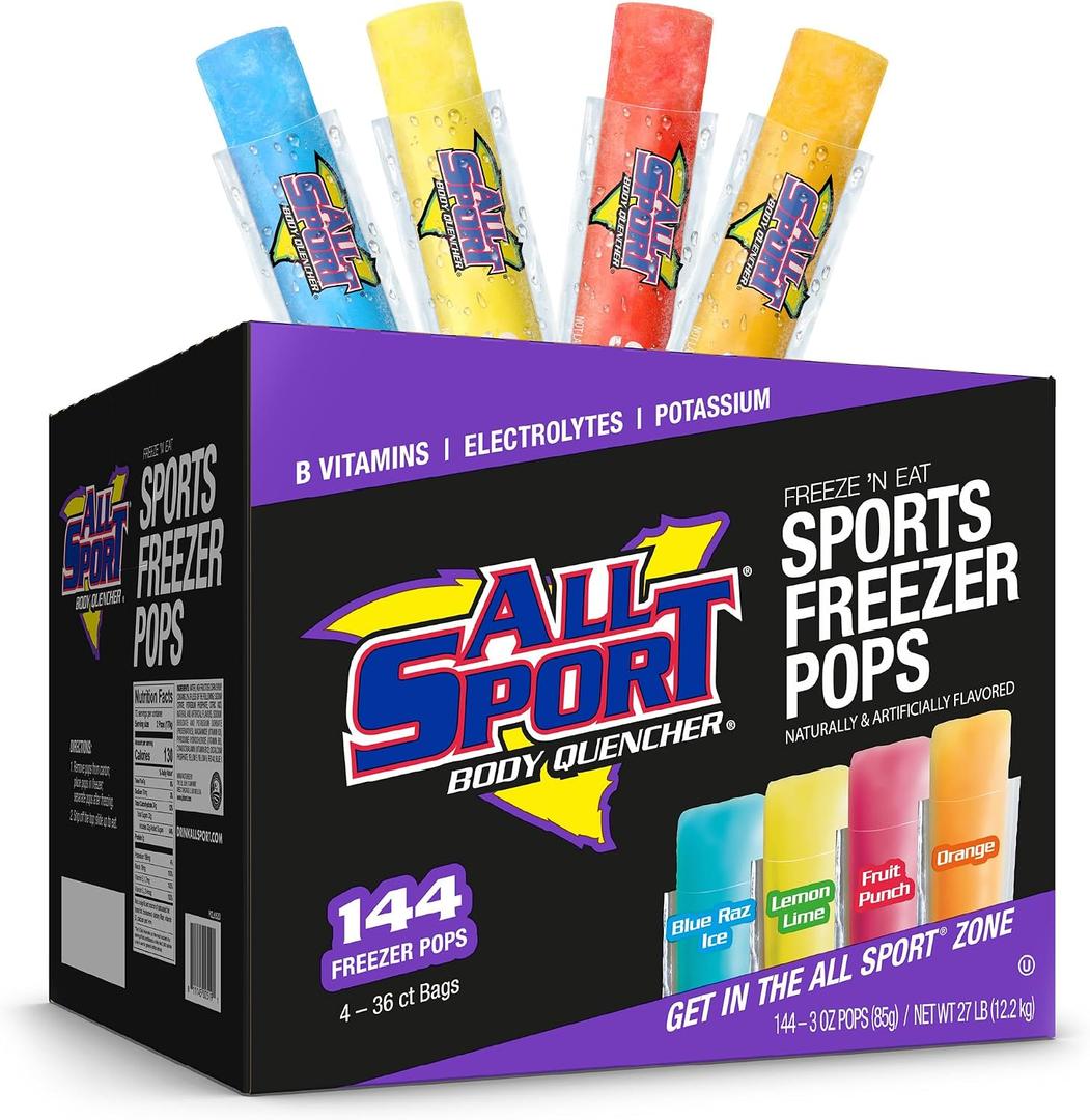 All Sport Freezer Pops, Giant Sized 3oz, 144 CT, Refreshing Ice Pops with Electrolytes, B Vitamins & Potassium Blue Raz Ice, Lemon Lime, Fruit Punch & Orange (EXP 07/16/27)
