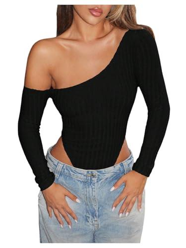 SweatyRocks Women's One Shoulder High Cut Long Sleeve Skinny Bodysuit Leotard Tops Black Small