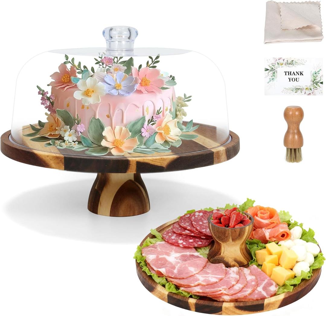 Acacia Wood Cake Stand with Lid  12" Round Cake Holder & Dessert Stand, 2-in-1 Charcuterie Board & Serving Platter for Cheese, Fruit  Acrylic Dome, Wedding Party Centerpiece