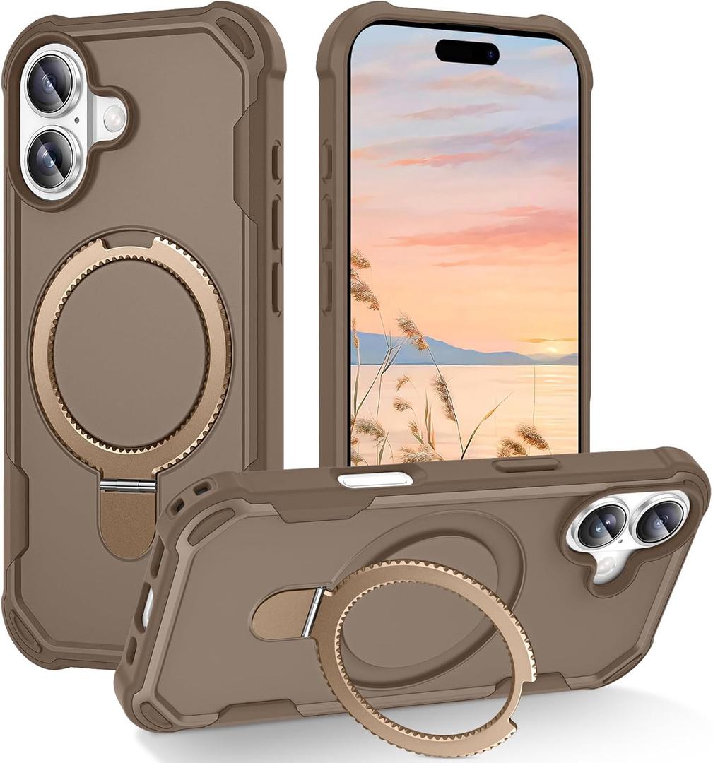 Compatible with iPhone 17 Case with Invisible Magnetic Ring Stand [Compatible with Magnetic] [Military Drop Protection] Shockproof Slim Hard Back Soft Edge Case 6.3 Inch, Khaki