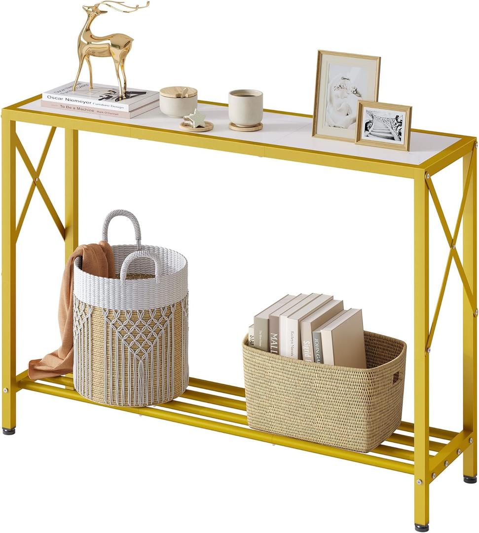 Tajsoon Entryway Table, 2-Tier Entry Way Console Entrance Table, 41.7L Narrow Sofa Table with Shelves, Ideal for Hallway, Entryway, Living Room, Foyer, Corridor, and Office (Gold & White)