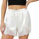 Women Satin Silk Lace Shorts, Elastic Waist Y2K Pajama Shorts Silky French Knickers Half Slip Mini Pjs Bottom (White)