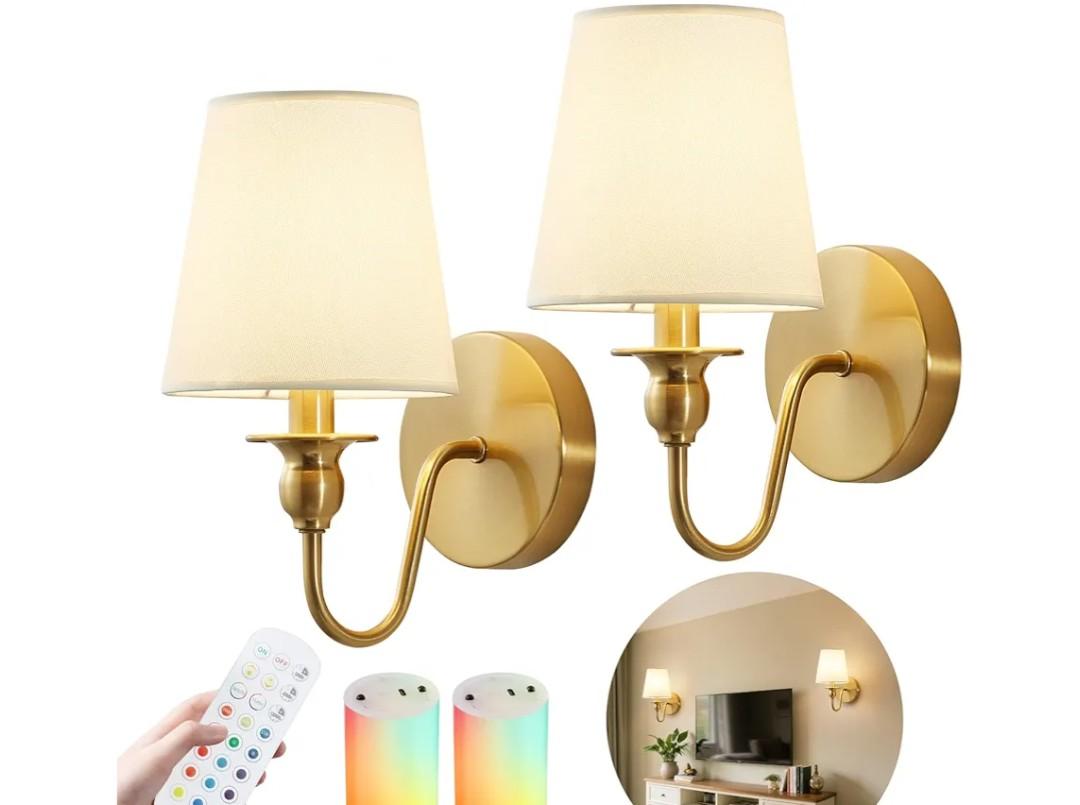 Battery Operated Wall Sconces set of Two,Wireless Wall Sconces with 10000mAh Dimmable Bulb and Remote,LED 15 Colors Rechargeable Gold Wall Sconce with Fabric for Bedroom Living Room Hallway Wall Decor