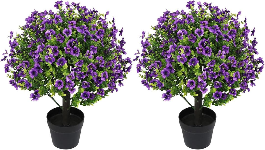 24" Artificial Potted Plants Outdoor Set of 2, UV Resistant Faux Purple Daisy Mums Flowers with Eucalyptus, Decorative Plants in Pots for Front Porch, Patio & Entryway