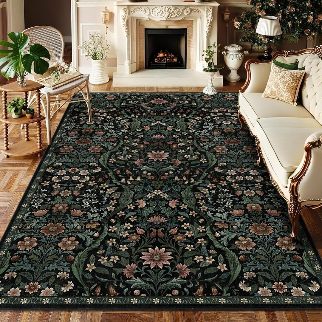 Floral Washable 6x9 Area RugBlack Boho Rugs for Living Room, Soft Low-Pile Non-Slip Stain Resistant & Non-Shedding Carpet for Bedroom, Dining Room, Office, Entryway, Nursery