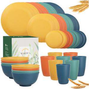 Wrova 40Pack plates and bowls sets for kids - Unbreakable wheat straw dinnerware sets service for 8 - Alternative plastic 40pcs dish sets for kitchen, camping and indoors dinning - (Colorful)