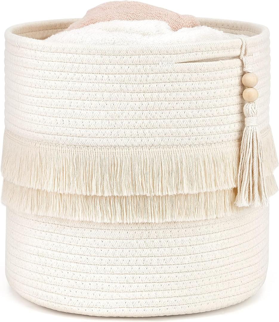 Dahey Macrame Decorative Cotton Rope Storage Basket Boho Nursery Decor Small Cute Woven Tassel Storage Bins Organizer with Wooden Bead for Baby Toys, Blanket, Magazines, Living Room, Bedroom, 11" x 11"