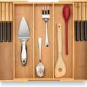 Purawood Kitchen Drawer Organizer with Knife Blocks - Utensil Drawer Organizer for Kitchen, Cutlery Tray & Silverware Organizer, 3-5 Slots - Bamboo Organizer for Utensils & Flatware (Natural)