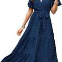 GOLDSTITCH Women's 2025 Summer Wrap V Neck Dress Short Sleeve Swiss Dot Boho Ruffle Slit Beach Party Flowy Long Maxi Dresses, Size L