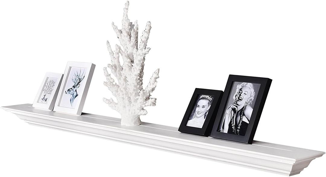 WELLAND White 60 Inch Fireplace Mantel Shelf Wall Mounted,Solid Pine Wood Finished Corona Crown Molding Floating Wall Photo Ledge Shelves