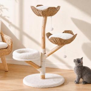 Wood Modern Cat Tree Tower for Large Cats, 47" Tall Multi-Level Cat Climbing Tower with Scratching Posts, Condo, Luxury Pet House Furniture for Indoor Cats Large Adult (White)
