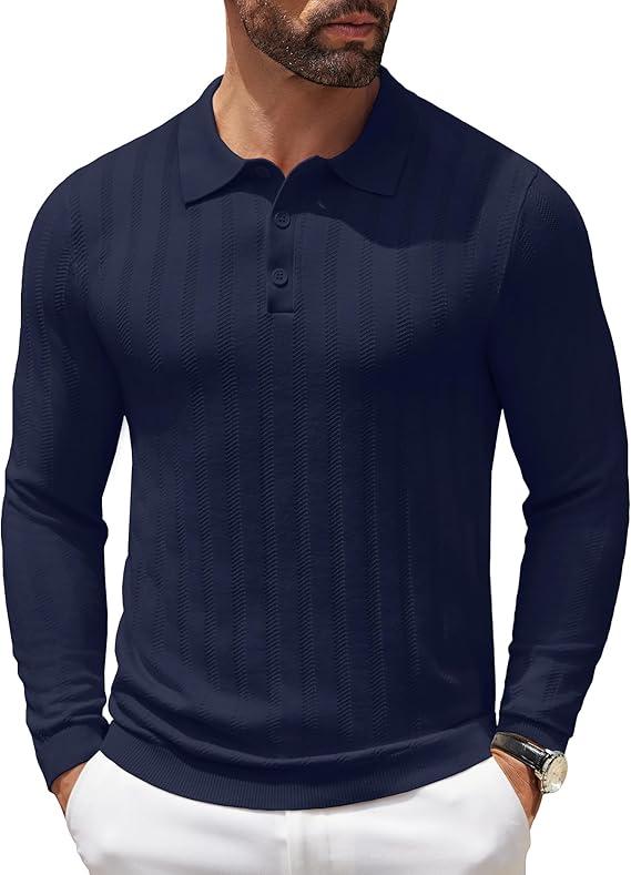 COOFANDY Men's Knitted Polo Sweater Long Sleeve Casual Solid Color Polo Shirt, Extra Large, Navy Blue 