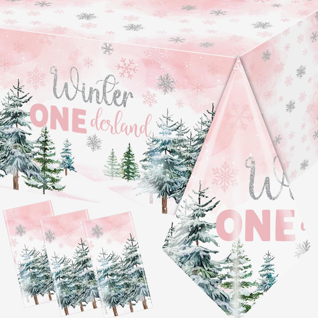 3Piecs Onederland 1st Birthday Girl Tablecloth, Disposable Pink Snowflake 1st Birthday Table Cover Winter Wonderland Table Cloth for Wonderland Baby Shower Decorations