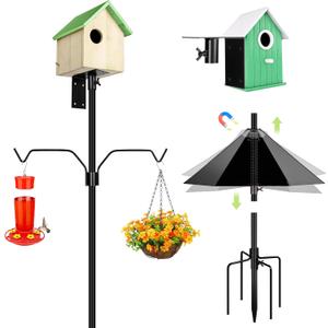 Bird Feeder Pole, 79 Inch Heavy Duty Bird House Pole Mount Kit for Outdoors, Adjustable Feeding Stand, with 2-Hooks, Metal Squirrel Baffle and 5-Prong Base, Black
