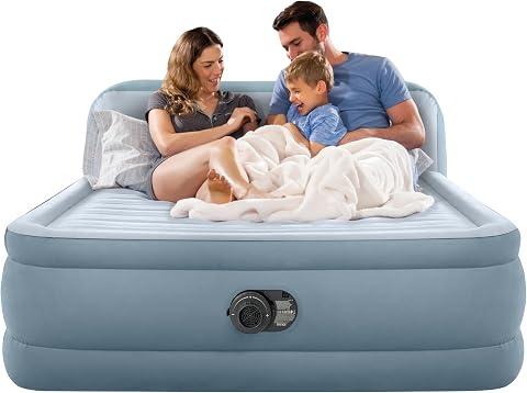 Intex 64449ED Dura-Beam Deluxe Plush Air Mattress with Headboard: Fiber-Tech - Queen Size - Built-in Electric Pump - 18in Bed Height - 600lb Weight Capacity