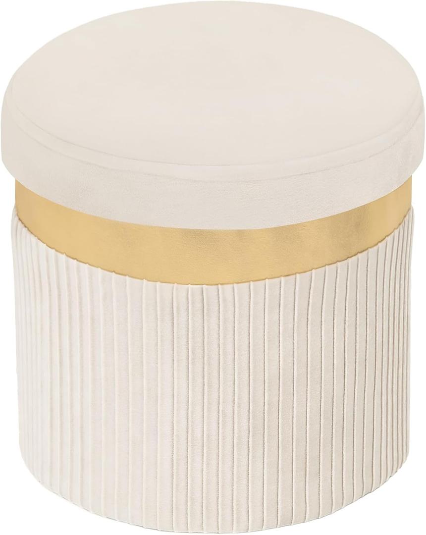 xuperbonus Small Ottoman with Storage,Folding Round Ottoman with Gold Trim,Velvet Storage Stool,Foot Stool with Soft Padded,Foot Rest for Living Room13x13x12.4(YZbeige,1pcs)