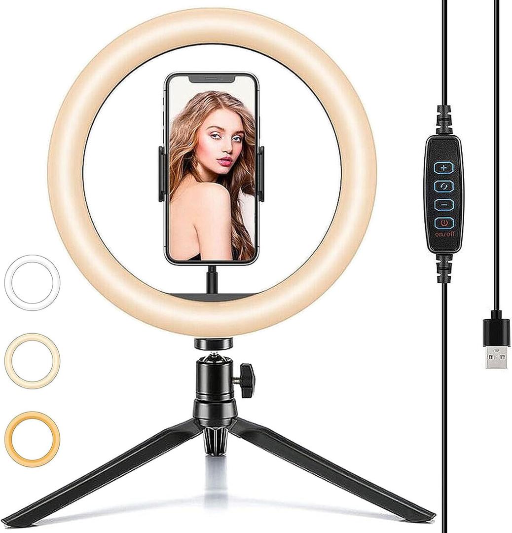 10" Desk Ring Light with Tripod Stand, 3 Light Modes & 11 Brightness Levels, Adjustable Selfie Phone Halo Light with Cell Phone Holder for Video Recording, Makeup, Computer Laptop Zoom Meeting