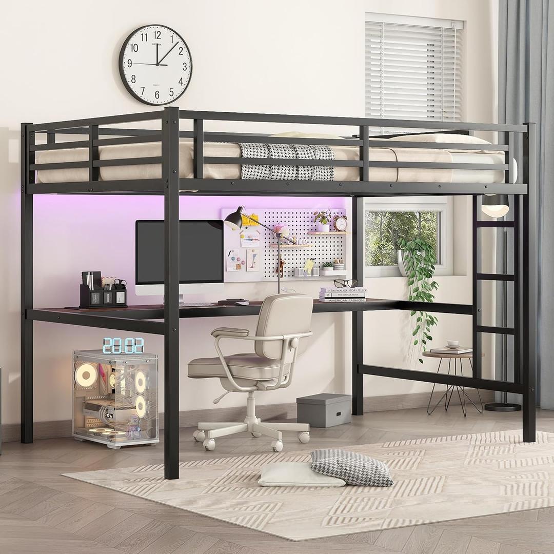 Bellemave Twin XL Loft Bed with Desk, Metal Twin XL Loft Bed Frame with guardrail and Ladder for Adults, Kids, Teens, Black