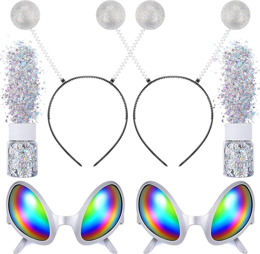 6 Pcs Halloween Alien Headbands Costume Martian Antenna Headbands Alien Rainbow Lens Sunglasses Sparkly Silver Glitters Cosplay Costume Accessory