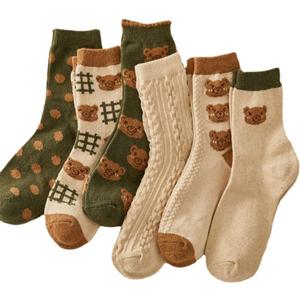 Kelabia 6 Pair Cute Cotton Socks Kawaii Bear Ankle Preppy Ruffle Socks for Women Japanese Fall Vintage Crew Socks (One Size)